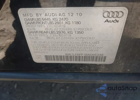 2011 Audi Q5 2.0T Premium из США, поврежденный, VIN WA1LFAFP1BA065338